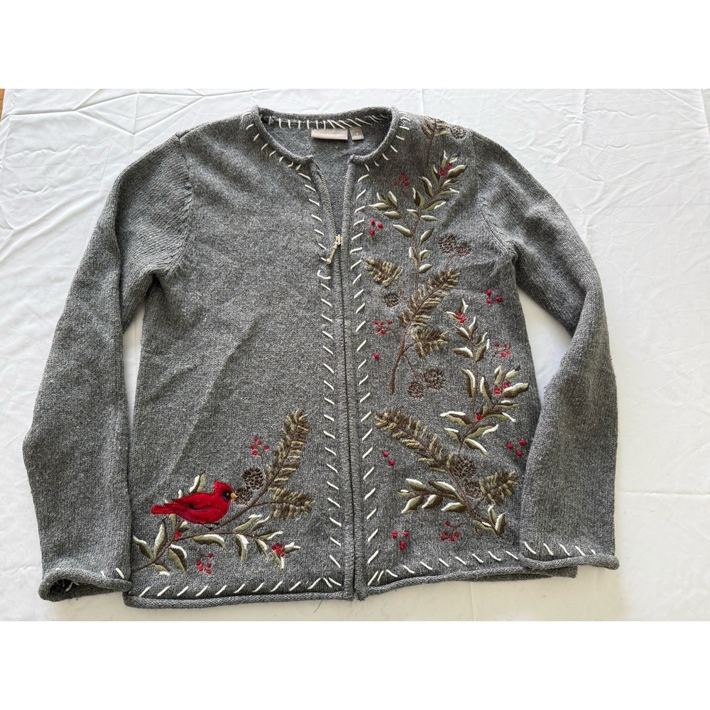 Croft & Barrow Ramie Silk Christmas Sweater zip up cardigan Cardinal Floral